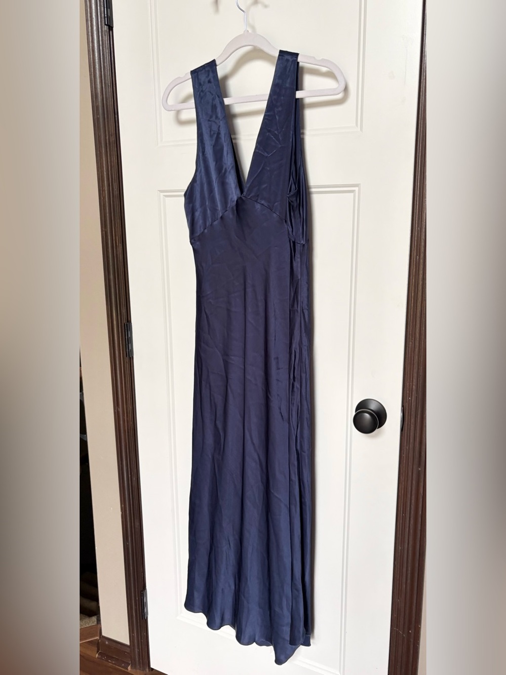 Rails Monique Navy Blue Satin Back Crepe Midi Slip Dress Asymmetrical Hem Sz M - Picture 5 of 16